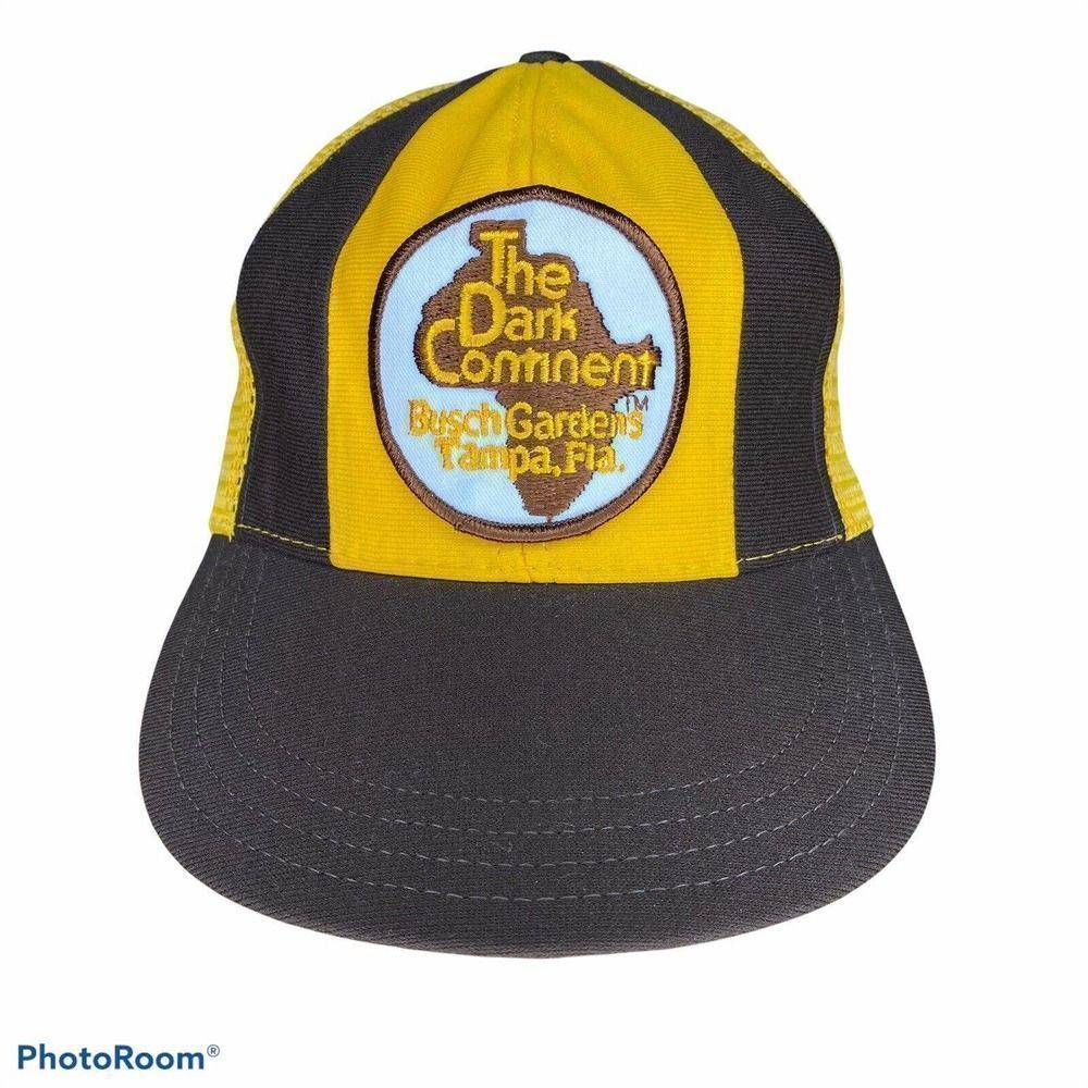 Vintage Busch Gardens Hat 80s The Dark Continent Yellow Snap Back Cap Mesh USA